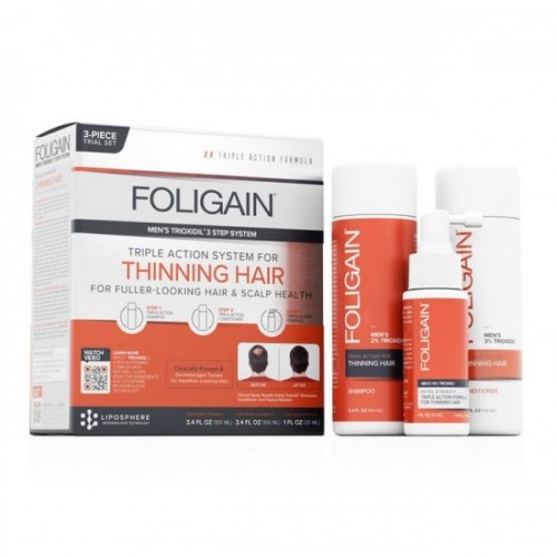 FOLIGAIN® MEN'S TRIPLE ACTION COMPLETE SYSTEM FOR THINNING HAIR (3-Piece Starter/Trial Set) – система за възстановяване на оредяла и слаба коса за мъже– сет 3 в 1